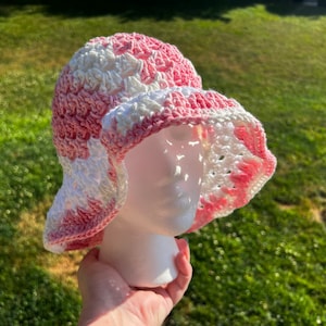 Crochet Bucket Hat | Cotton Granny Stitch Summer Pink & White Pattern | Unique Boho Beachwear | Handmade, Ready to Ship!