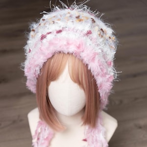 Pink knitted hat, floral stripped, with tassel, polyester, pink and white handmade crochet hat