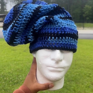 Crochet slouch Beanie- Blue, Baby Blue and Black