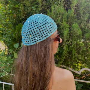 Blue Crochet Skull Cap Hat – Summer Head Wrap, Bucket Style Headband, Hair Accessory, Big Sister Gift, Crochet Sequin Hat for Teen Girls
