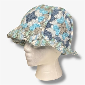Handmade Crochet Granny Square Hat in Shades of Blue