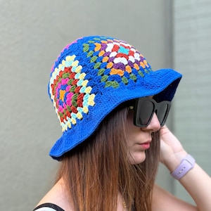Crochet Blue Granny Square Hat, Colorful Summer Hat, Handmade Bucket Hat, Vintage Fashion Hat, Knit Fisherman Hat, Gift For Her