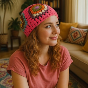 Handmade Bright Pink Granny Square Crochet Hat – Colorful Boho Festival Beanie – Vibrant Retro Hippie Style Accessory – Unique Gift for Her